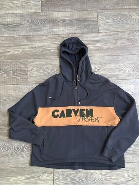 Carven Navy Hoodie with Tan Chest Panel and Logo